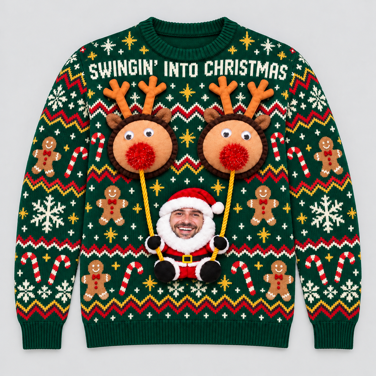 Ugly Christmas Sweater Swingin Reindeer Santa Long Sleeve Knit Top
