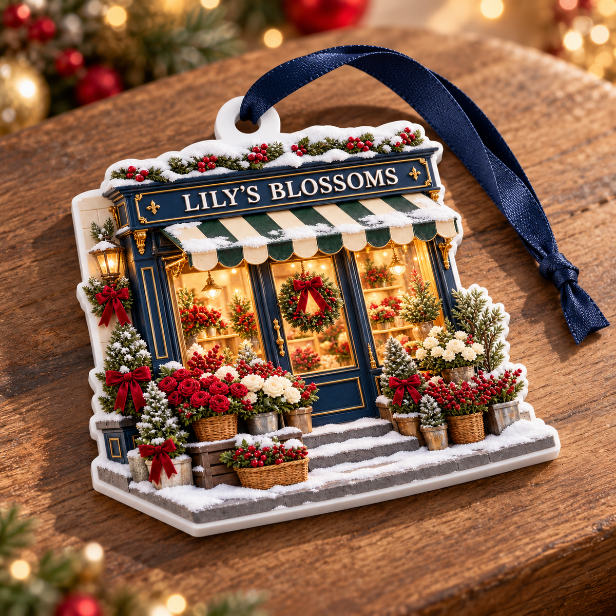 Winter Flower Shop Front Holiday Hanging Keepsake - 3D Relief Ornament