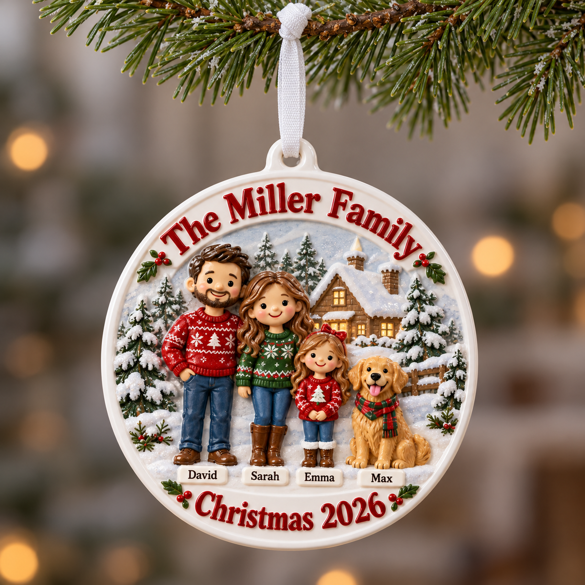 Family of Three with Dog Snowy Cabin Scene Holiday Keepsake - 3D Relief Ornament