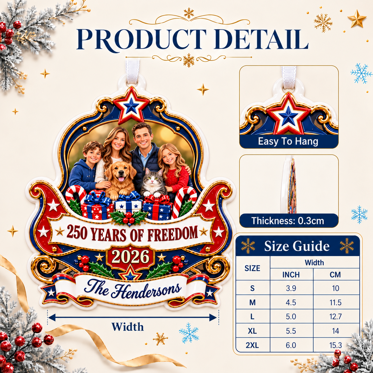 Family and Pets 250 Years of Freedom 2026 Semiquincentennial Patriotic Keepsake - 3D Relief Ornament