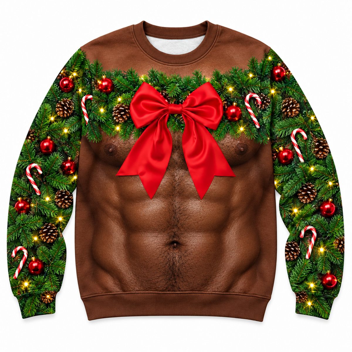 Christmas Sweatshirt Funny Bare Torso Garland Bow Holiday Pullover