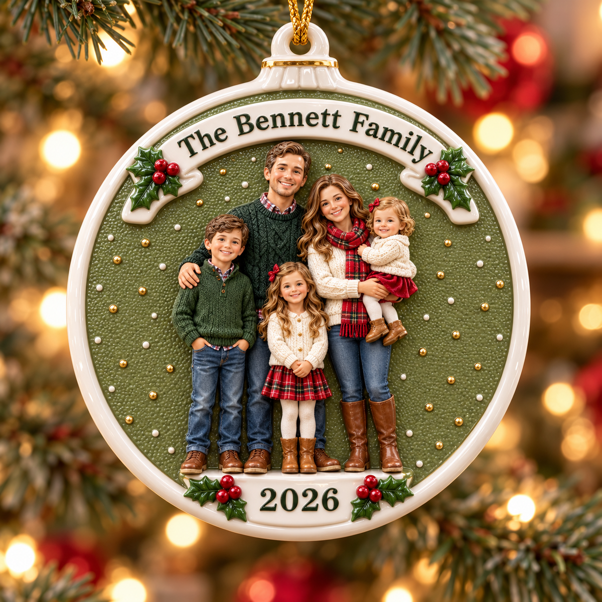 Family Portrait Ceramic Medallion with Ribbon and Holly Accents - 3D Relief Ornament