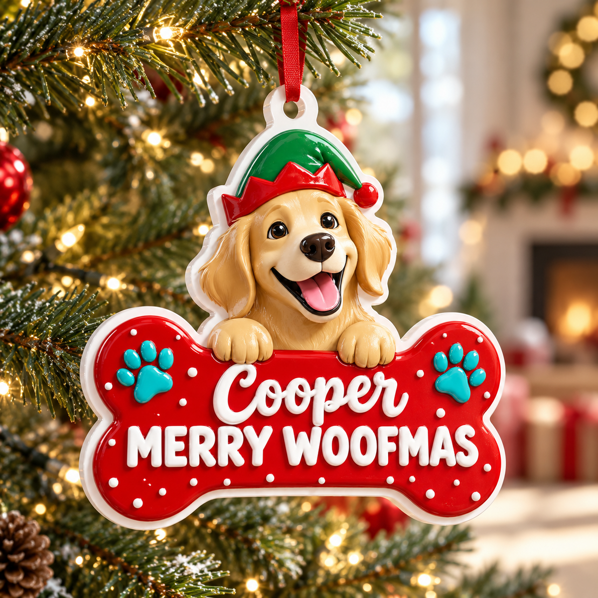 Golden Retriever Puppy Wearing Elf Hat Dog Bone Holiday Tree Decor - 3D Relief Ornament
