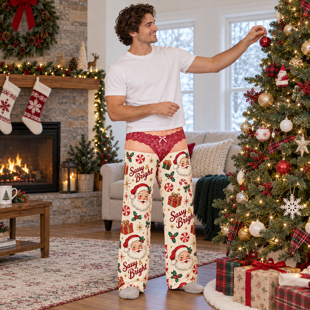 Christmas Pajama Pants Wide Leg Printed Lounge Trousers