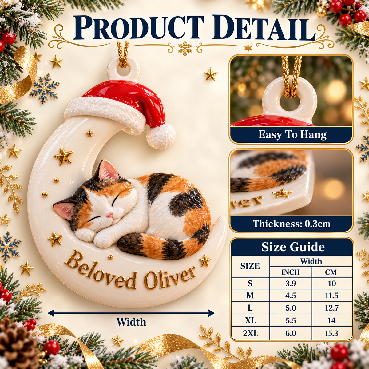 Sleeping Calico Cat on Crescent Moon with Santa Hat Holiday Keepsake - 3D Relief Ornament
