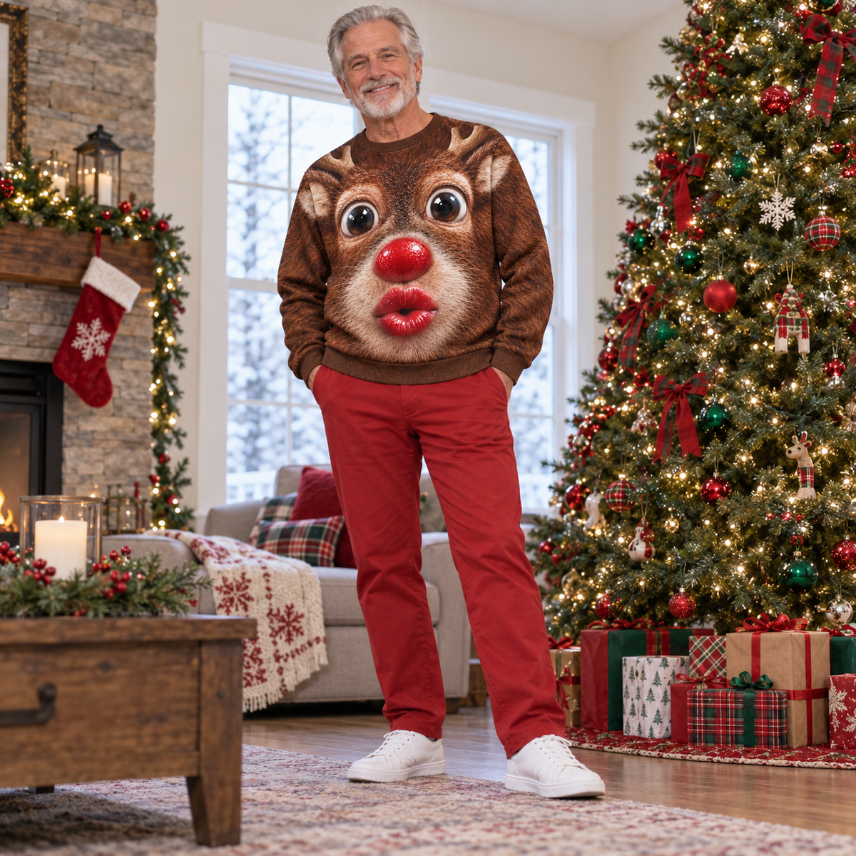 Funny Christmas Sweatshirt 3D Kissing Face Holiday Character Pullover