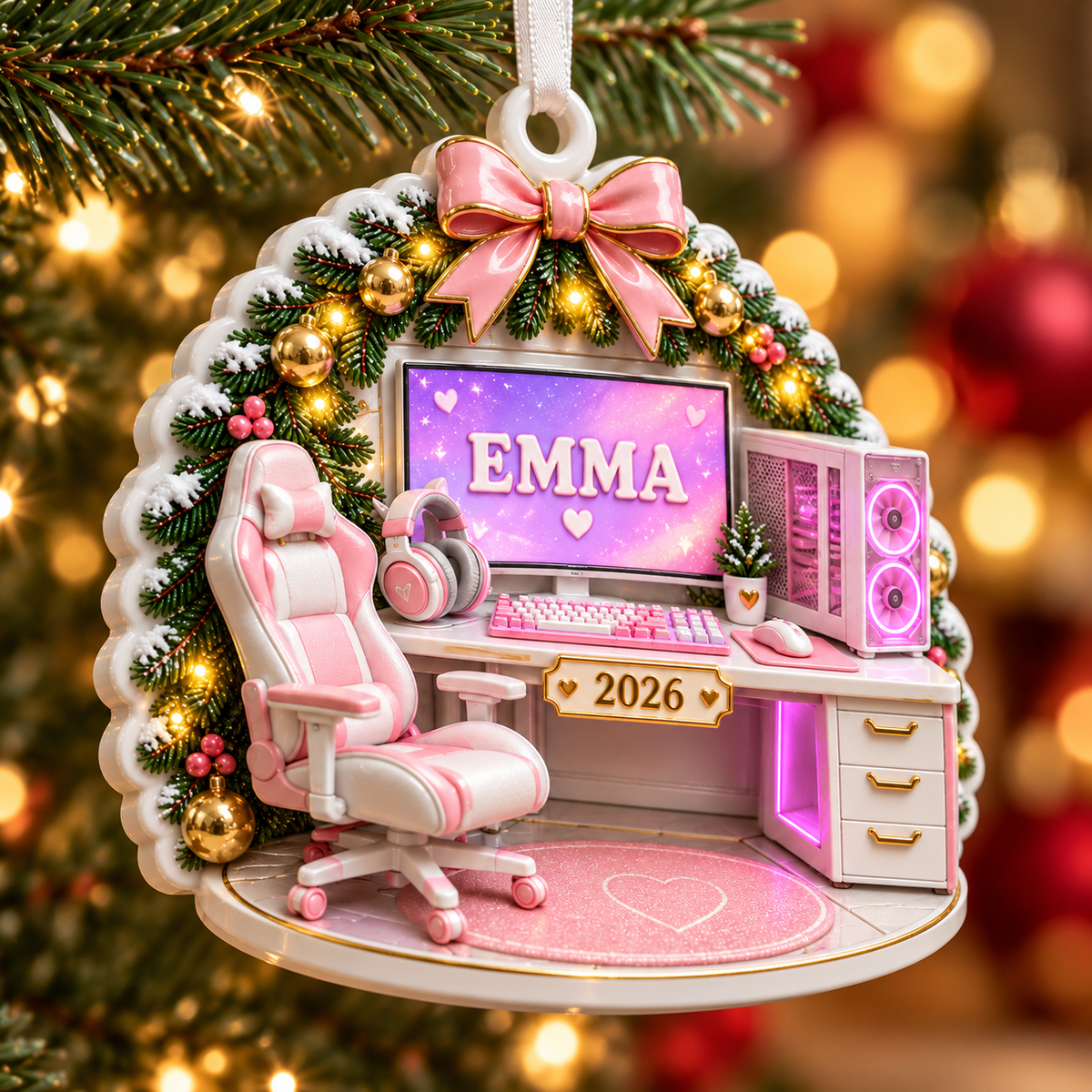 Gamer Girl Desk Setup with Pink Computer Chair and Wreath - 3D Relief Ornament