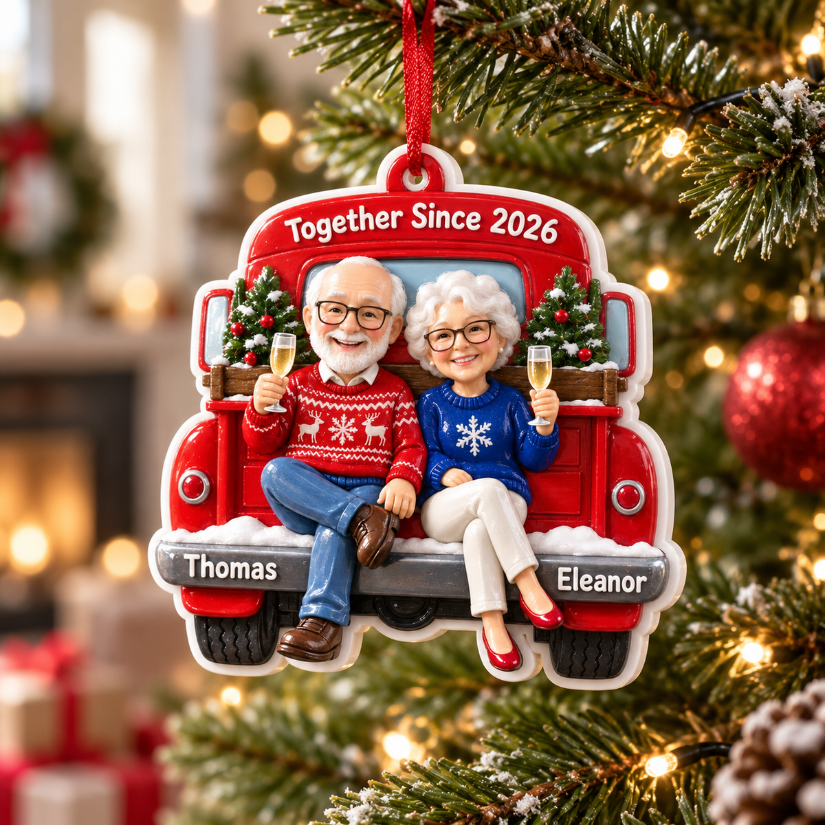 White Pickup Truck Silhouette Christmas Tree Hanging Keepsake Plaque - 3D Relief Ornament