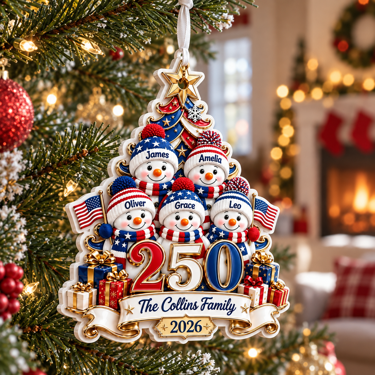 Patriotic USA 250 Snowman Family Christmas Tree Holiday Decor - 3D Relief Ornament