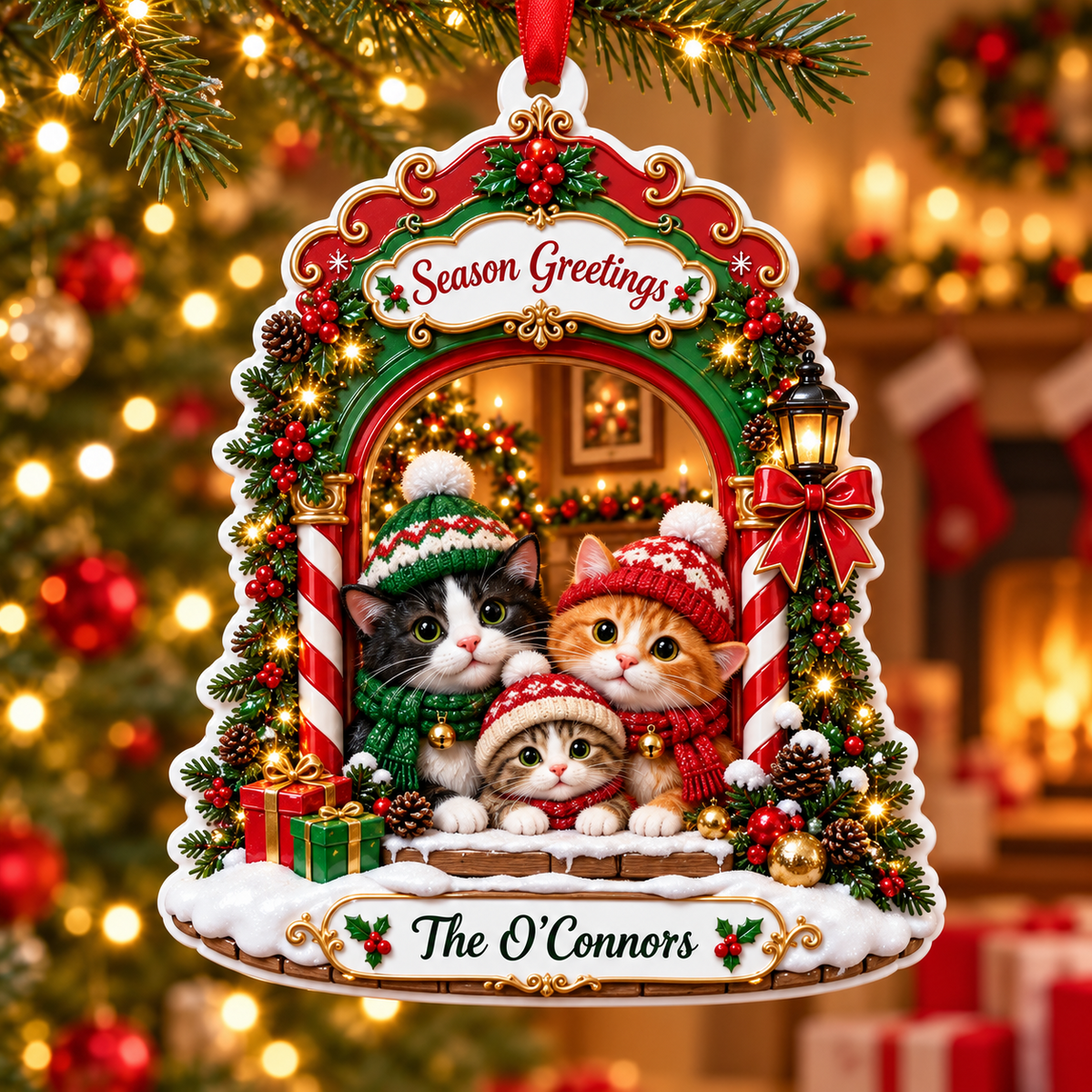 Winter Kitten Family Arch Christmas Holiday Decoration - 3D Relief Ornament