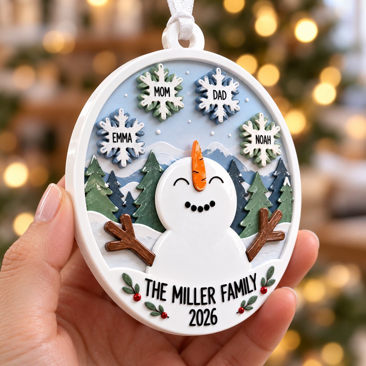 Snowman Family Winter Snowflakes Christmas Tree Hanging Decor, Round Pine Forest Scene - 3D Relief Ornament