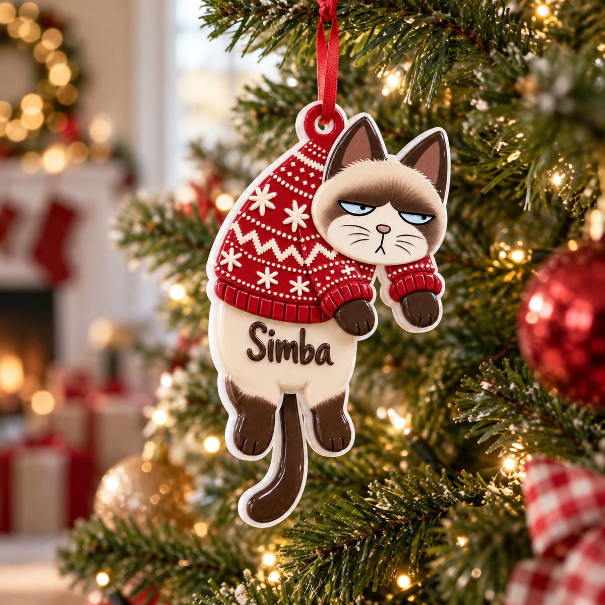 Dangling Seal Point Siamese Cat in Red Snowflake Winter Sweater - 3D Relief Ornament