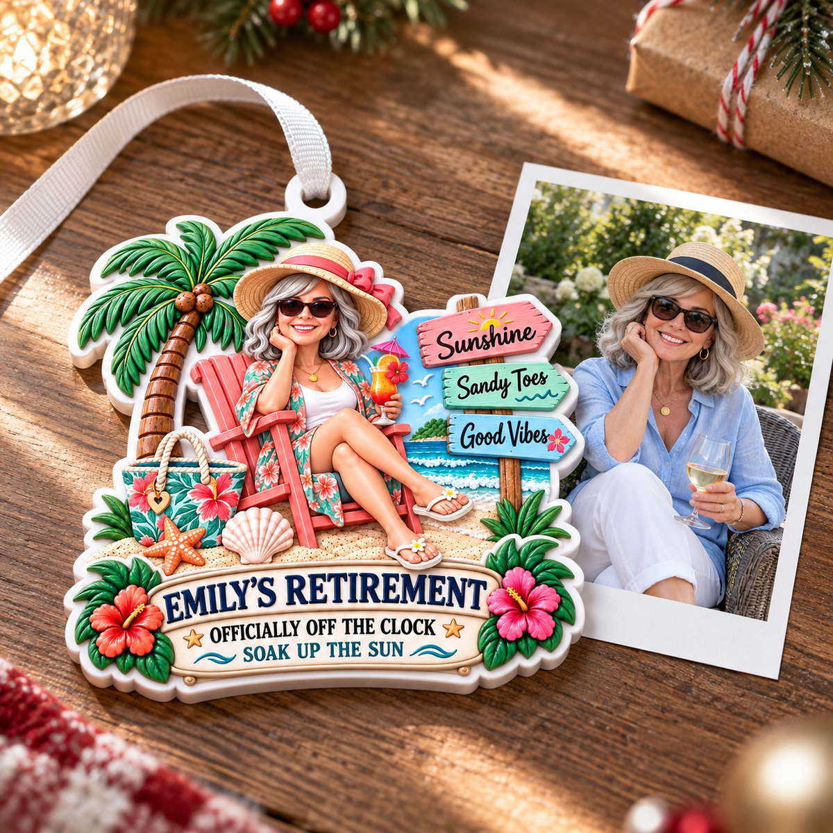 Beach Vacation Retirement Hanging Keepsake with Relaxing Woman and Palm Tree - 3D Relief Ornament