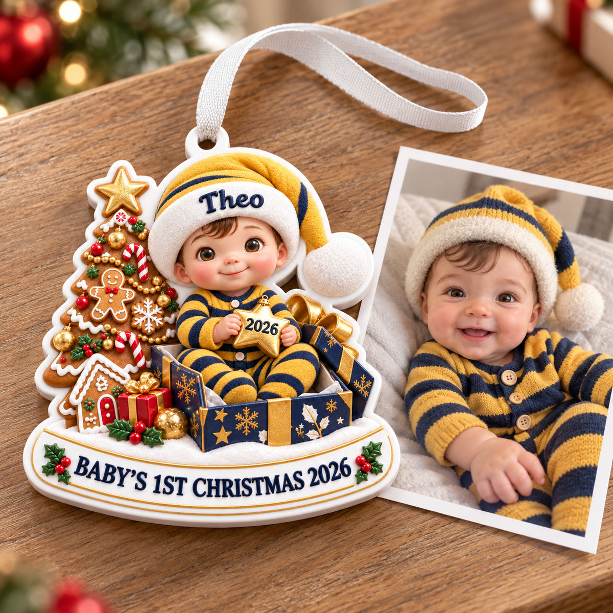 Baby's First Christmas Keepsake with Tree and Gingerbread Scene - 3D Relief Ornament