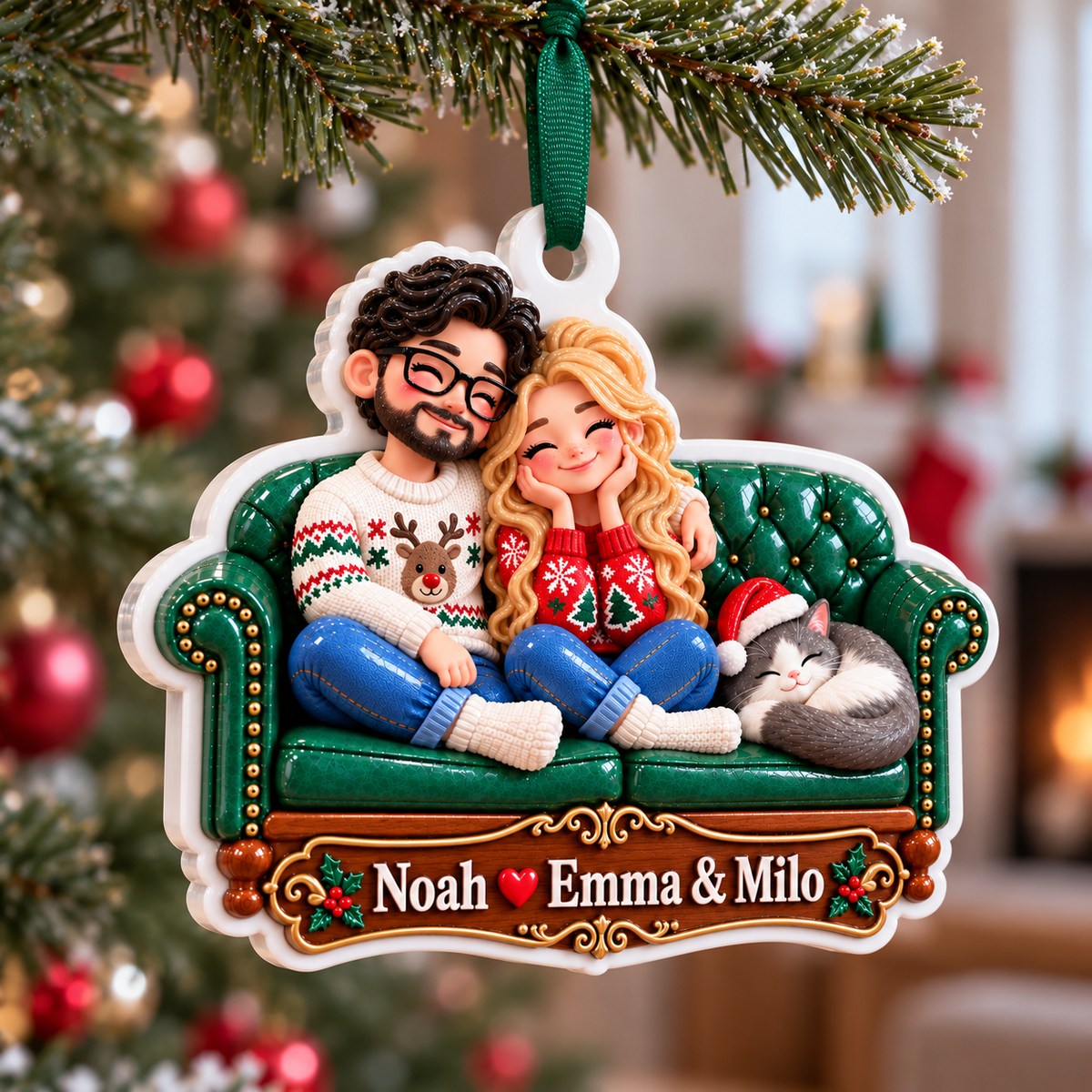 Couple with Cat on Green Tufted Sofa Acrylic Christmas Tree Hanging Decor - 3D Relief Ornament