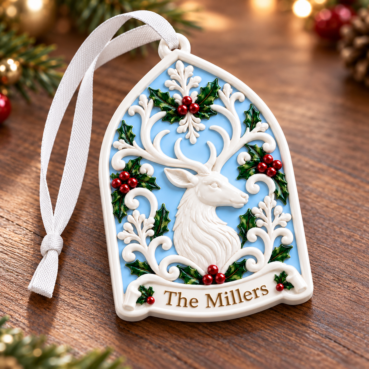 White Stag Deer Arch Acrylic Plaque with Holly Berry Flourish - 3D Relief Ornament