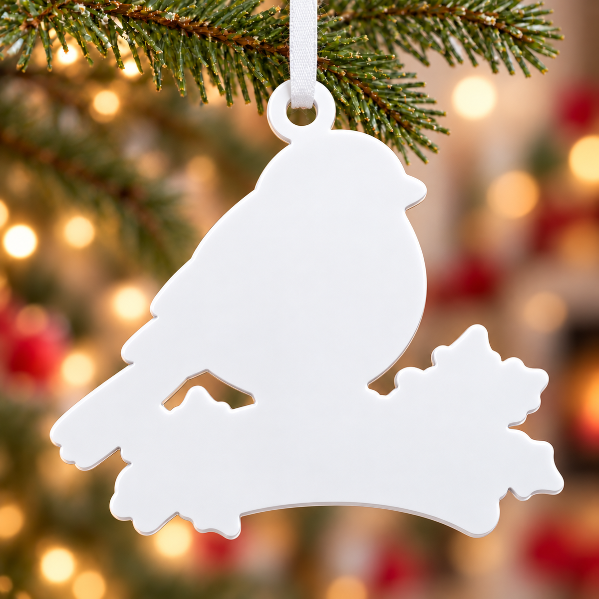 Robin Redbreast on Holly Branch Acrylic Hanging Holiday Keepsake - 3D Relief Ornament