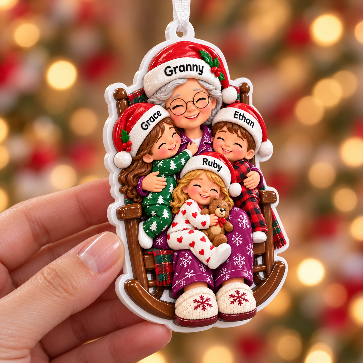 Grandmother with Grandchildren in Rocking Chair Holiday Keepsake - 3D Relief Ornament