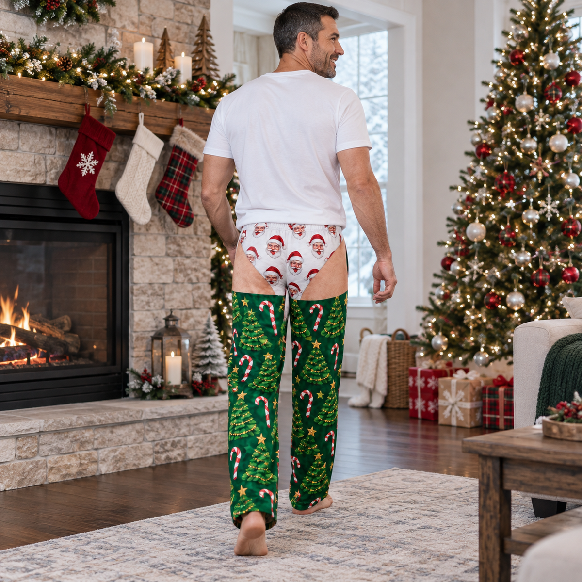 Mens Christmas Gag Pajama Pants Novelty Cutout Illusion Sleepwear