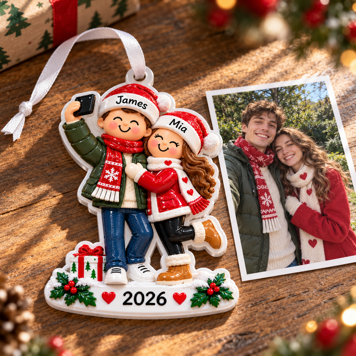 Couple Taking Selfie Christmas Tree Keepsake, Winter Holiday Figurine Hanging - 3D Relief Ornament