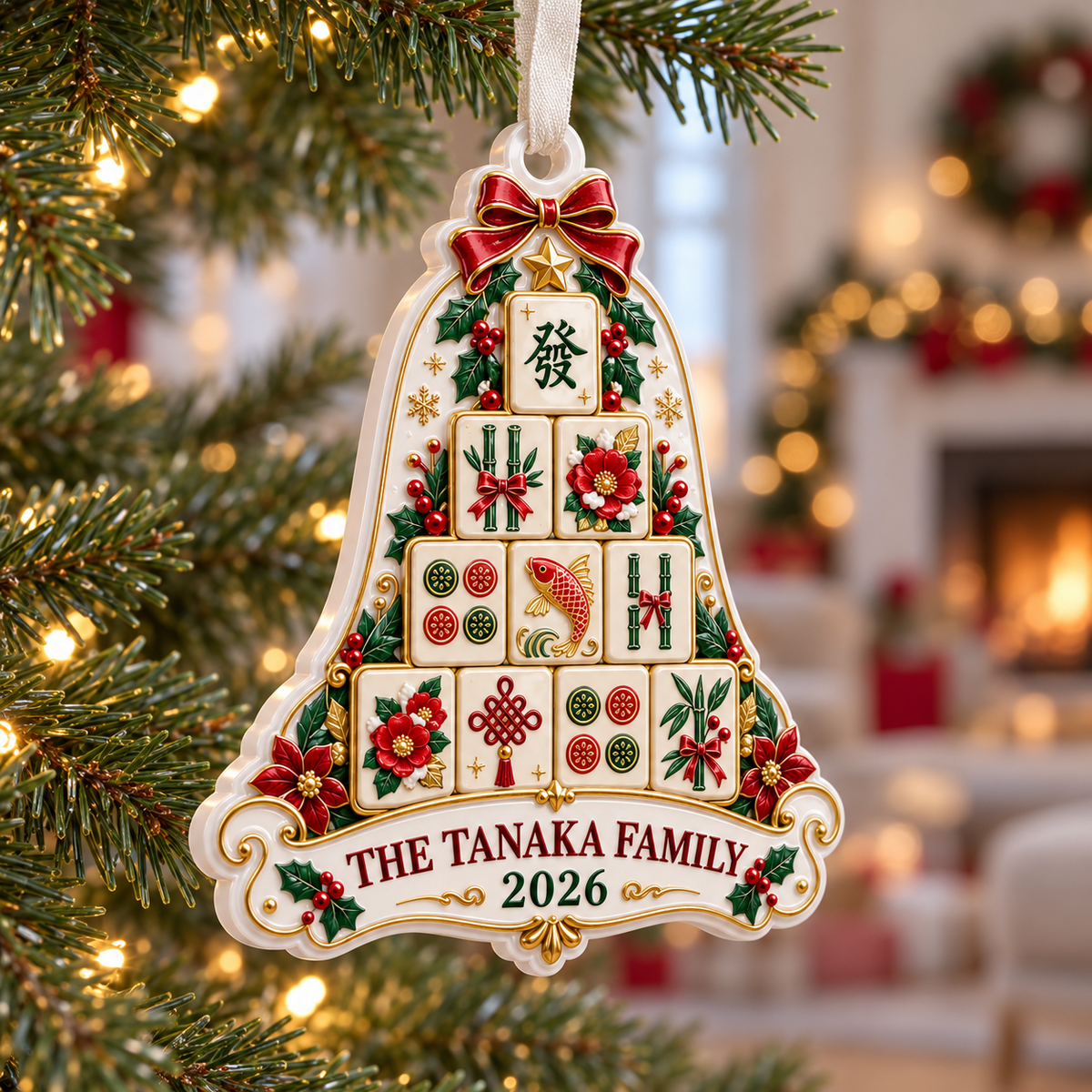 Mahjong Tile Christmas Bell Hanging Keepsake, Holiday Tree Decor - 3D Relief Ornament