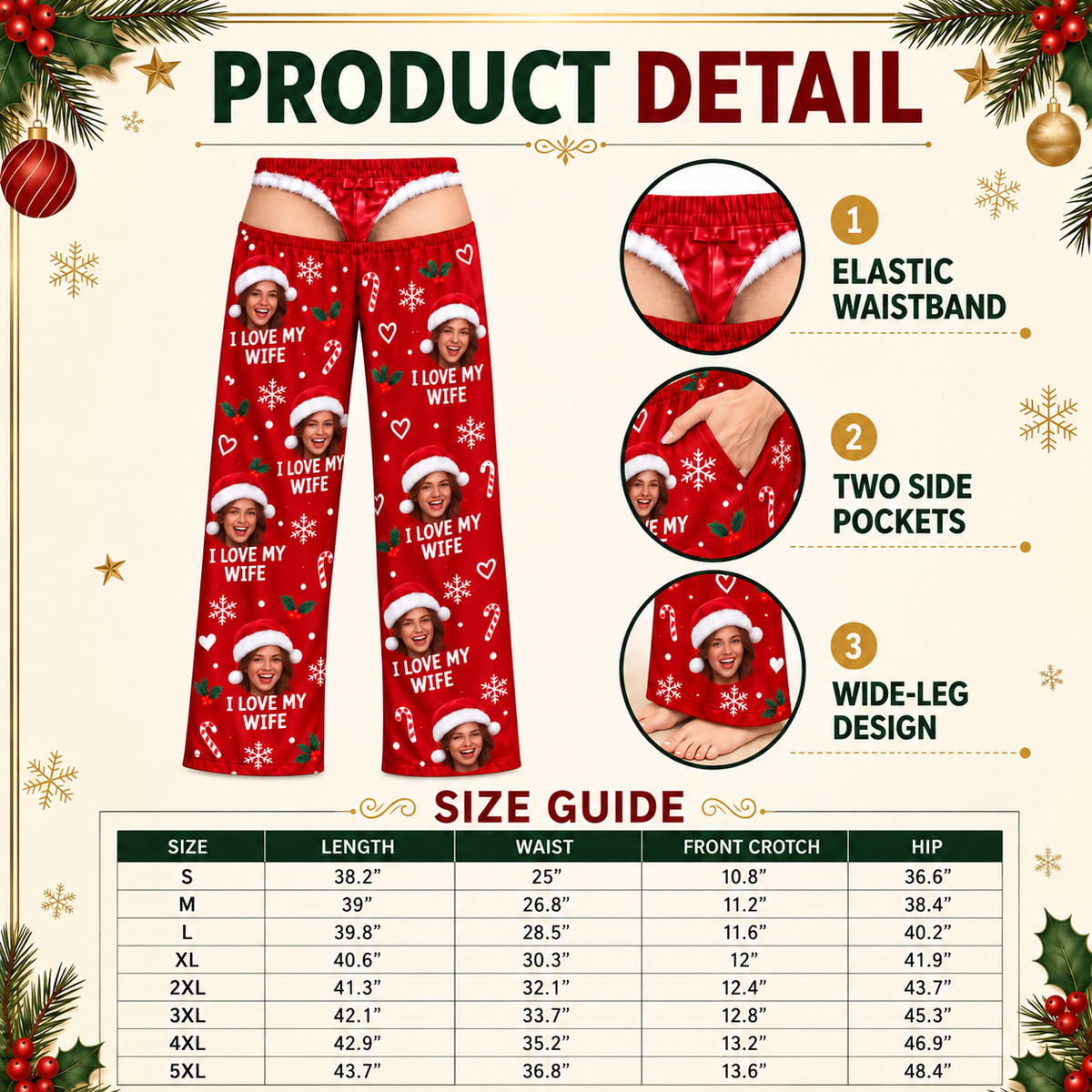 Christmas Pajama Pants Red Novelty Holiday Sleep Bottoms Wide Leg