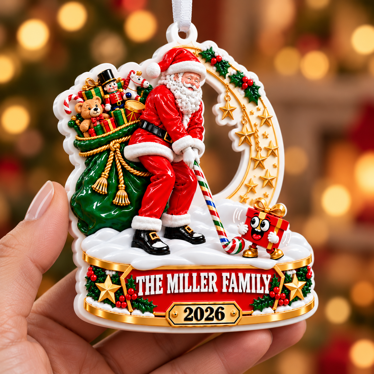 Santa Claus Playing Golf with Toy Sack and Star Wreath Christmas Tree Decor - 3D Relief Ornament