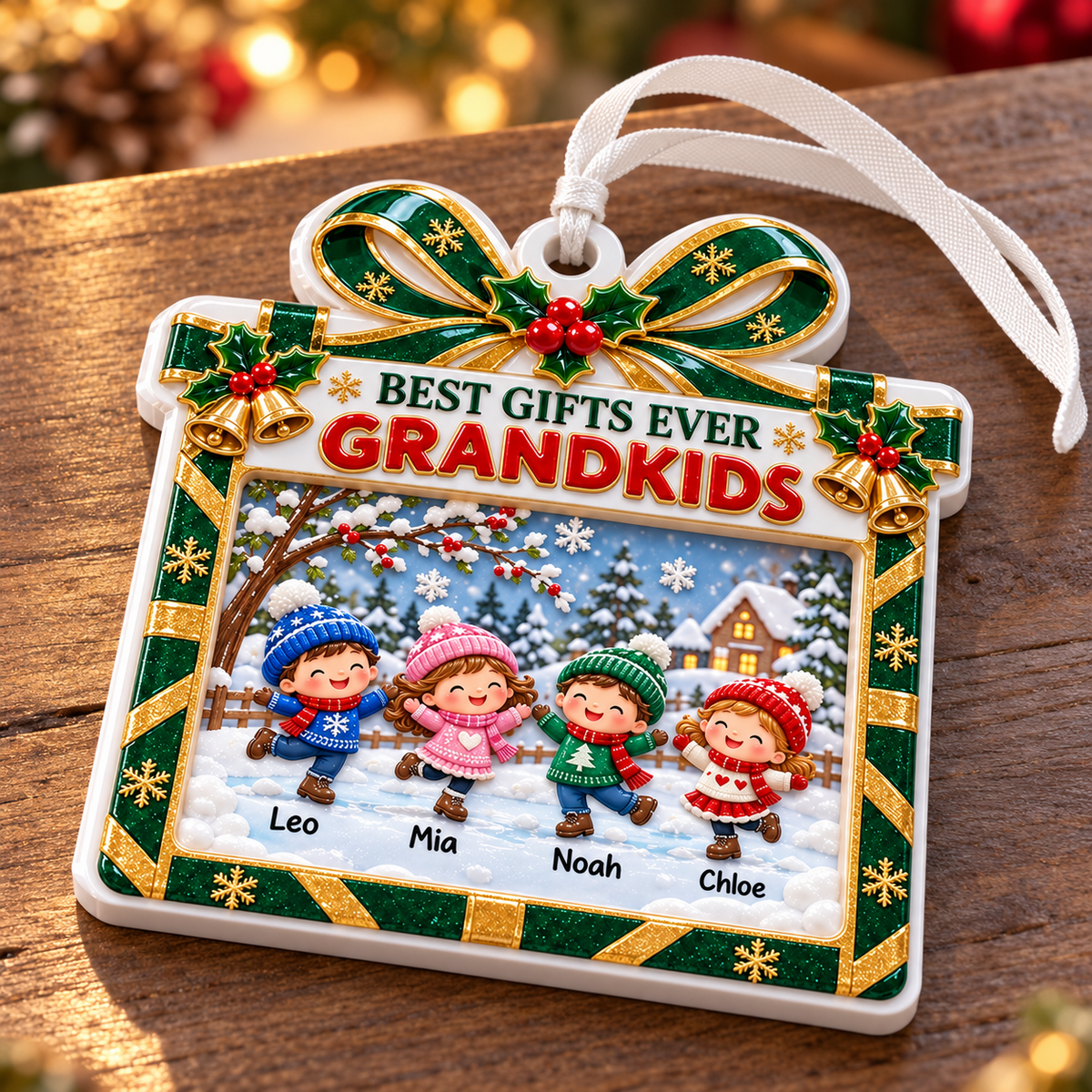 Grandkids Winter Skating Present Frame Holiday Keepsake - 3D Relief Ornament