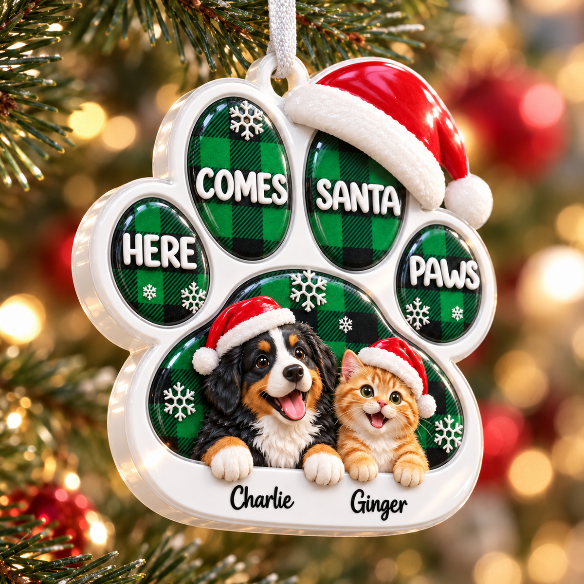 Paw Shape Christmas Tree Hanging Decoration with Dog and Cat Green Plaid - 3D Relief Ornament