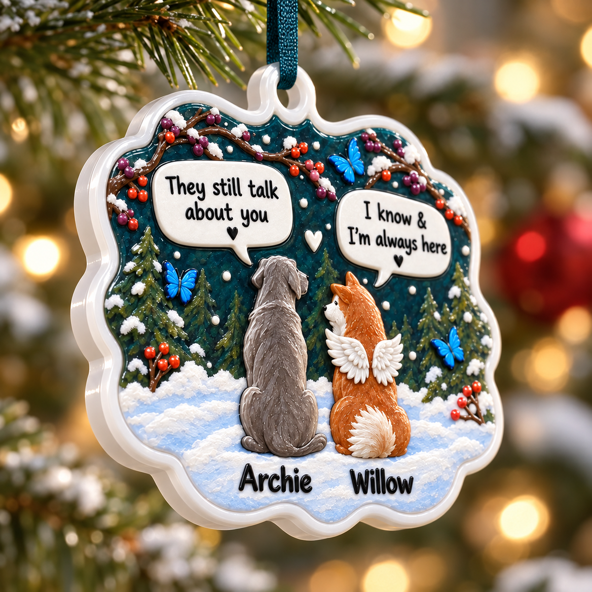 Dog Memorial Hanging Plaque with Angel Wings and Winter Forest - 3D Relief Ornament