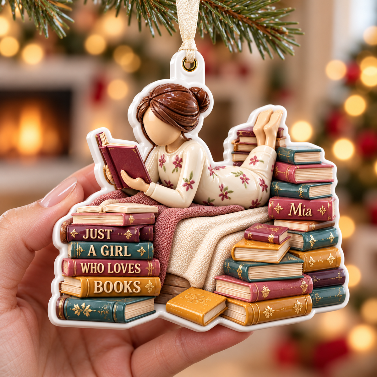 Girl Reading on Bed with Book Stacks Hanging Keepsake - 3D Relief Ornament
