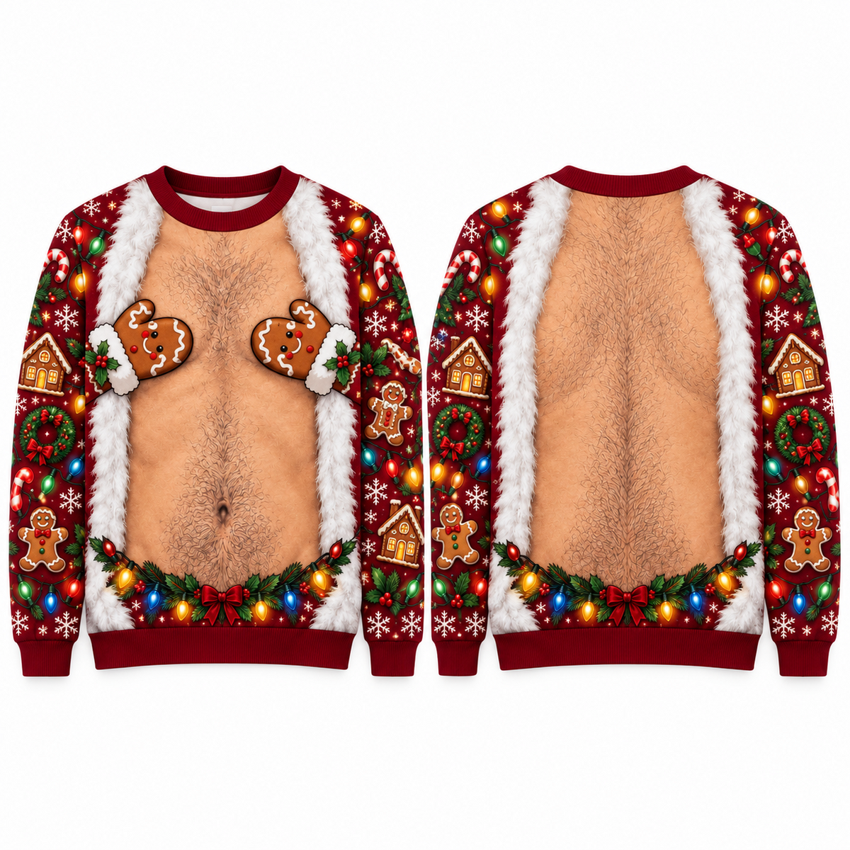 Funny Christmas Sweatshirt Hairy Chest Mitten Lights Ugly Sweater