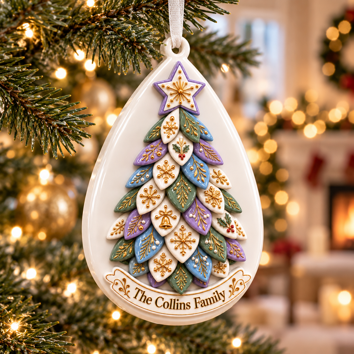 Acrylic Teardrop Christmas Tree Plaque with Gold Leaf Details - 3D Relief Ornament