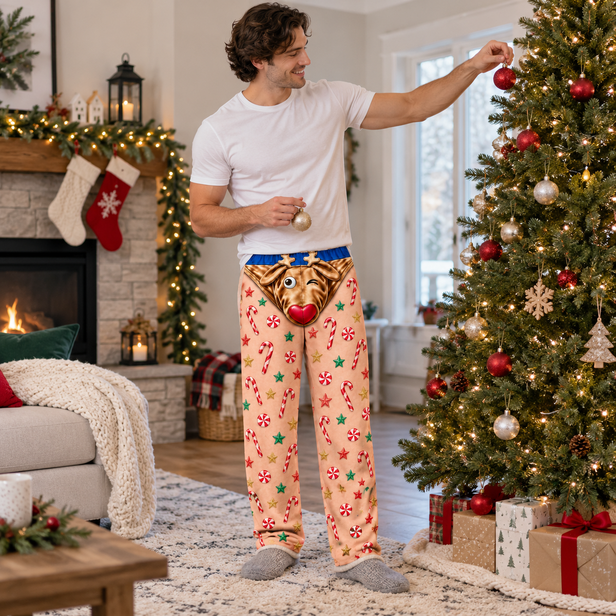 Mens Christmas Pajama Pants Reindeer Boxer Print Lounge Bottoms