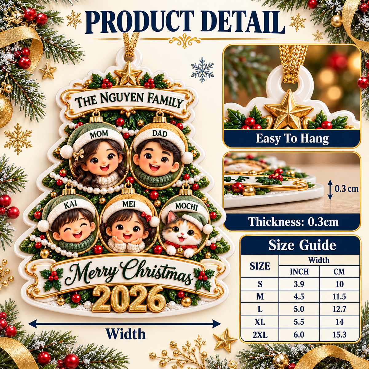 Christmas Tree Family of 5 with Pet Bauble Holiday Tree Hanging Keepsake - 3D Relief Ornament