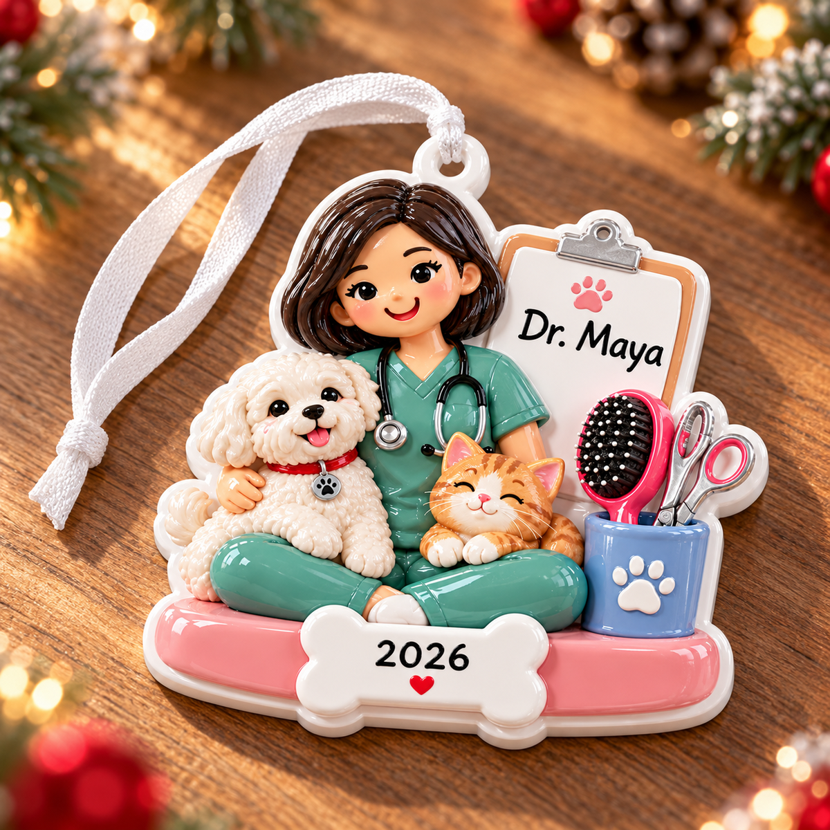 Female Veterinarian with Dog and Cat Resin Figurine Holiday Decor - 3D Relief Ornament