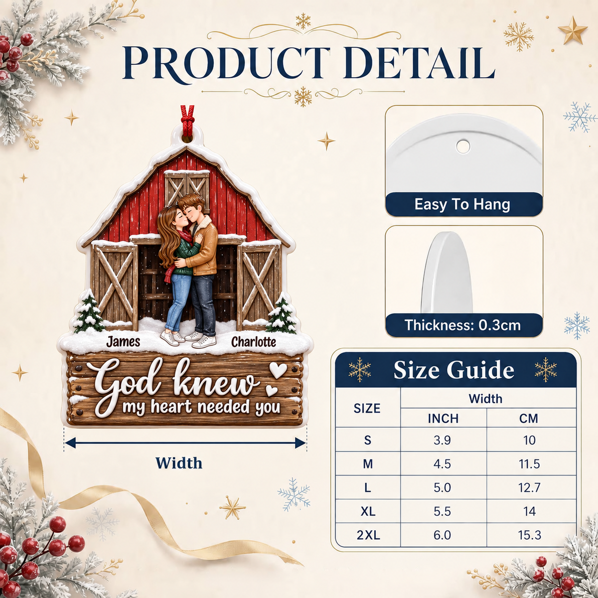 Couple Christmas Keepsake, Rustic Red Barn Farmhouse Holiday Hanging Decor - 3D Relief Ornament