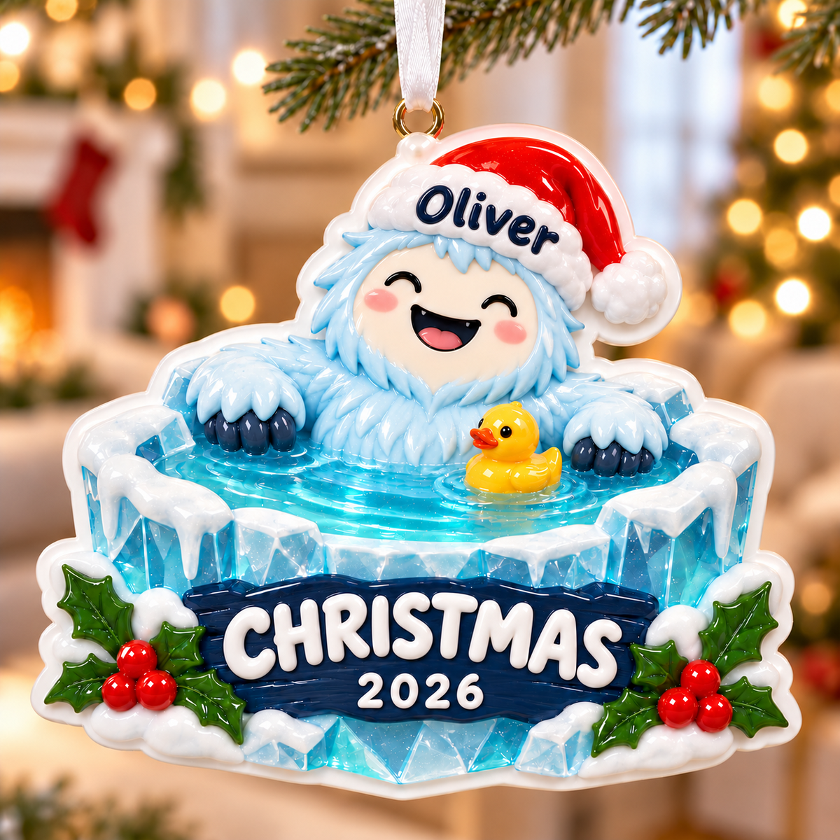 Cartoon Yeti in Ice Bath with Rubber Duck Holiday Keepsake - 3D Relief Ornament