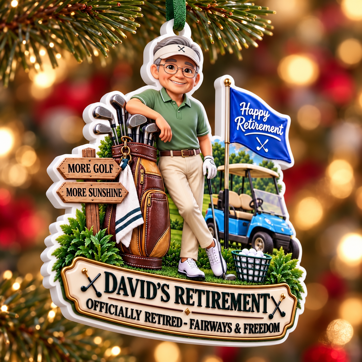 Happy Retirement Golfer with Cart and Bag Acrylic Hanging Keepsake - 3D Relief Ornament