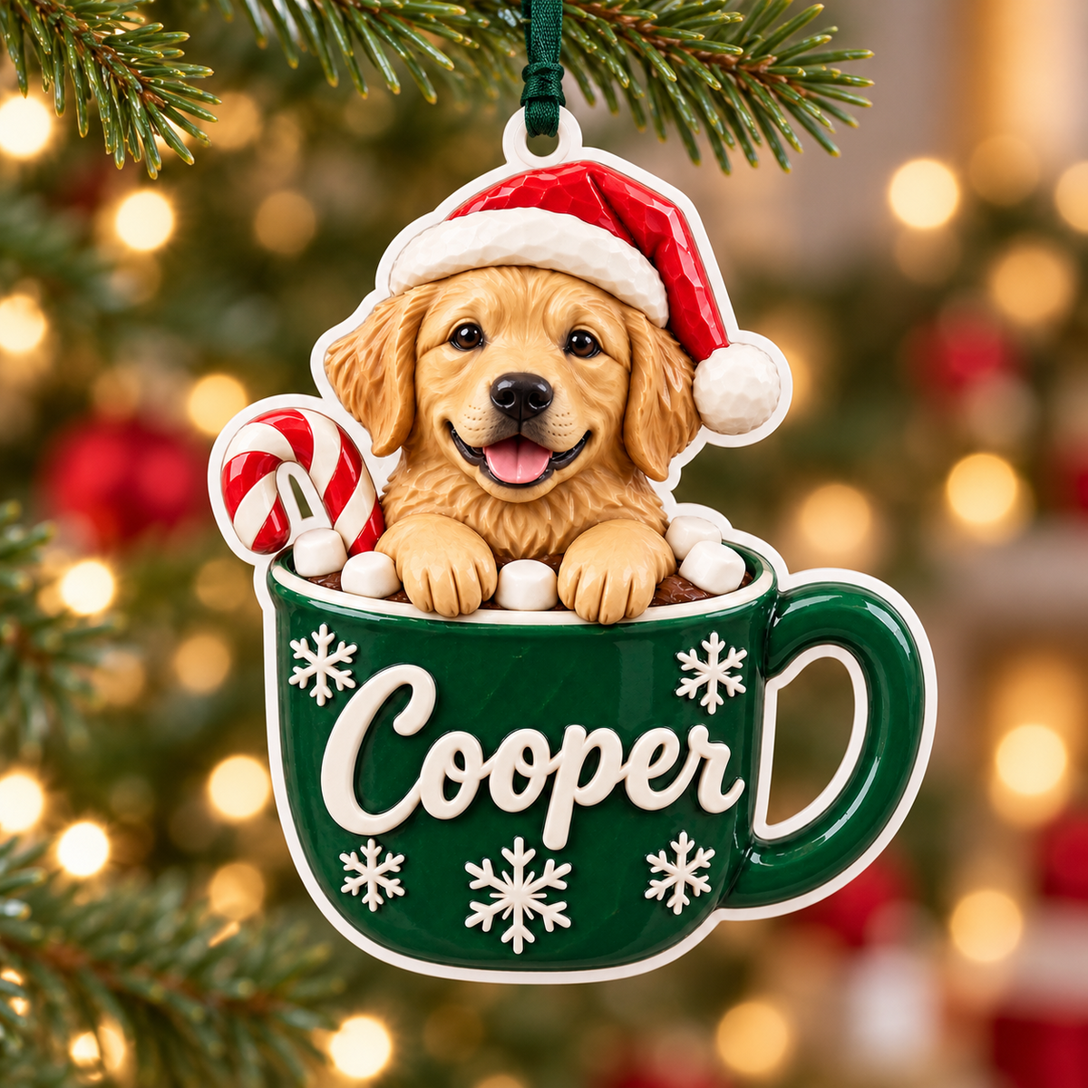 Golden Retriever Puppy in Cocoa Mug Christmas Tree Hanging Decor - 3D Relief Ornament