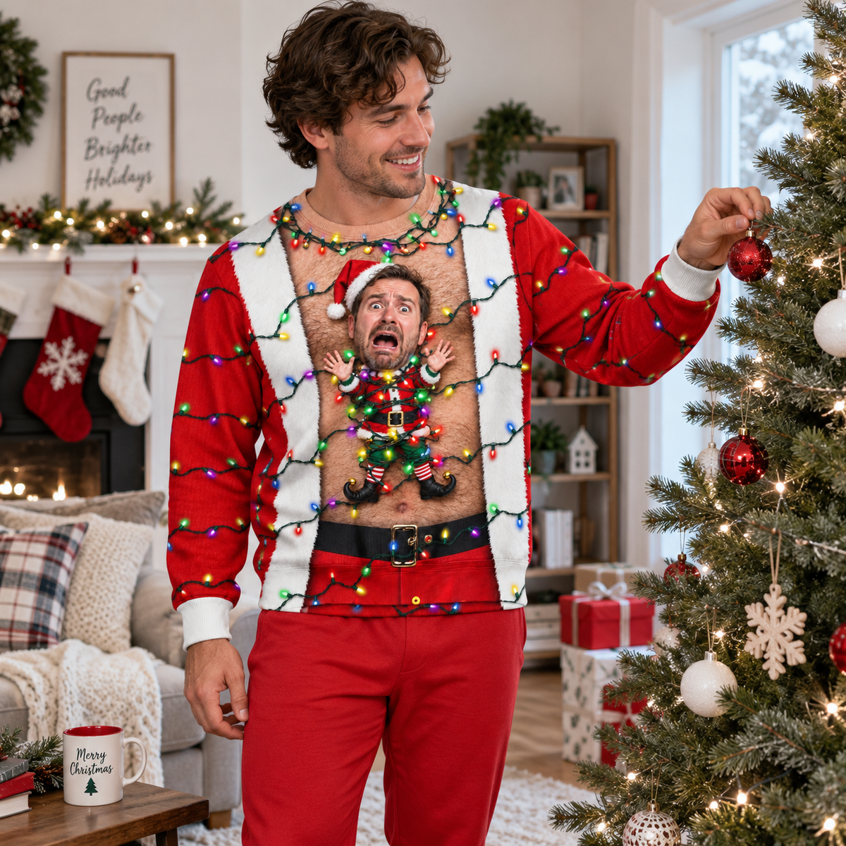 Ugly Christmas Sweatshirt with Hairy Chest and Holiday Elf Graphic