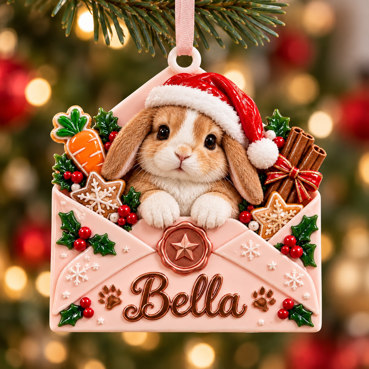 Baby Bunny in Pink Envelope Christmas Tree Pendant - 3D Relief Ornament