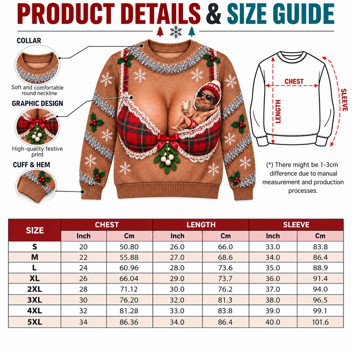 Funny Christmas Sweatshirt, Brown Novelty Plaid Bra Graphic Crewneck