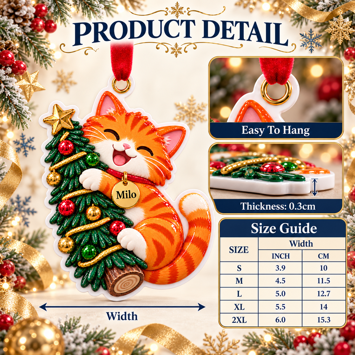 Orange Tabby Cat Hugging Christmas Tree Holiday Keepsake - 3D Relief Ornament