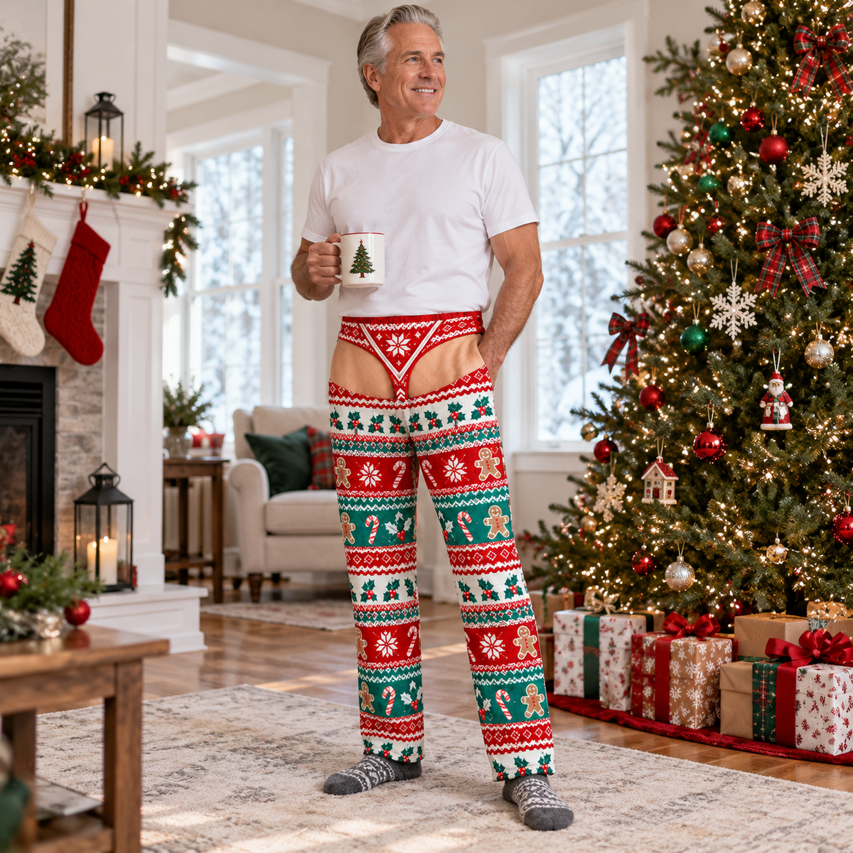 Mens Holiday Cutout Pajama Pants Fair Isle Pattern Sleepwear Bottoms