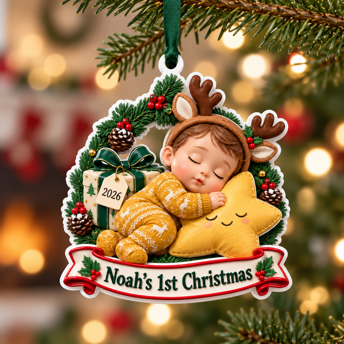 Baby First Christmas Sleeping Infant Reindeer Antlers Star Holiday Keepsake - 3D Relief Ornament