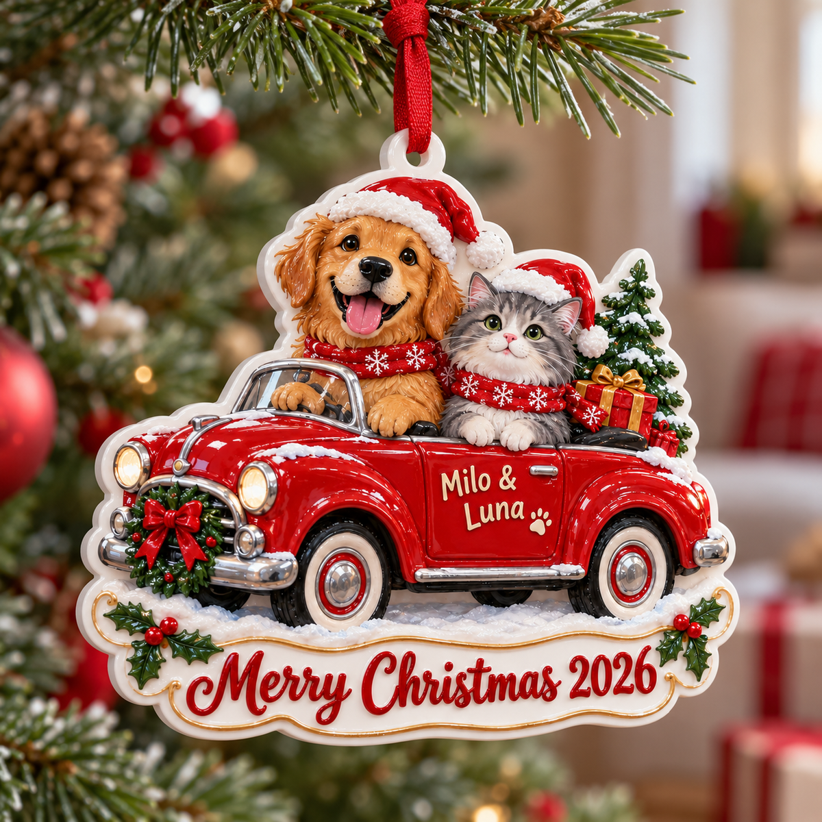 Dog and Cat in Vintage Red Car Holiday Keepsake - 3D Relief Ornament