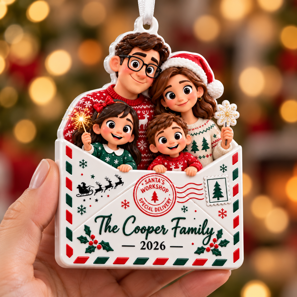 Cartoon Family of Four in Christmas Letter Envelope Hanging Keepsake - 3D Relief Ornament