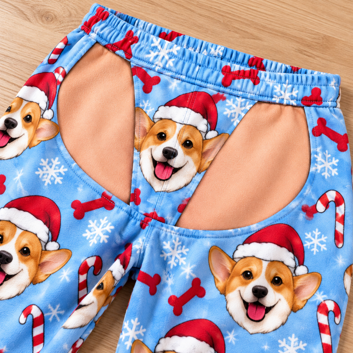 Men's Christmas Corgi Cutout Pajama Pants Light Blue Novelty Chaps