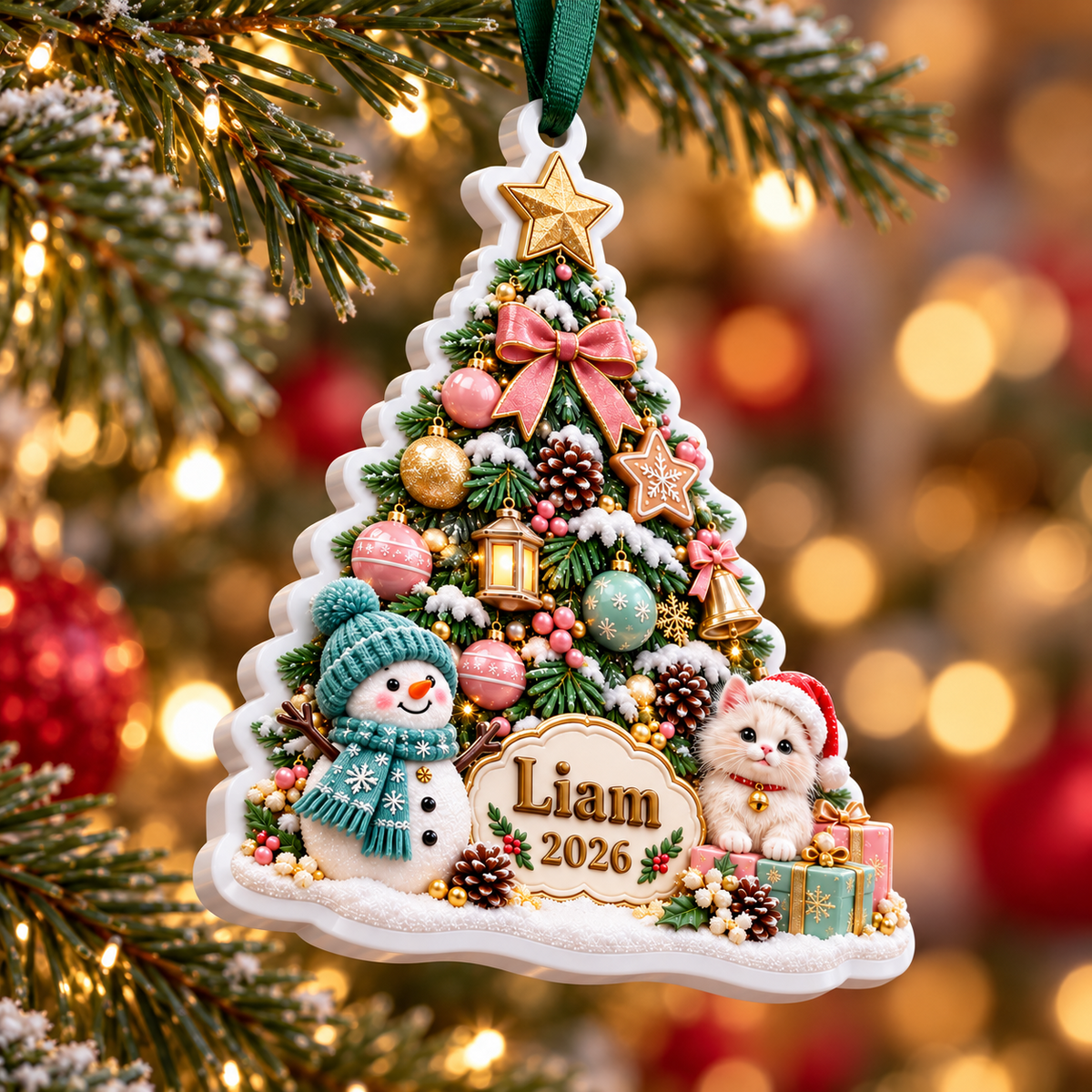 Christmas Tree with Snowman and Kitten Holiday Keepsake Plaque - 3D Relief Ornament